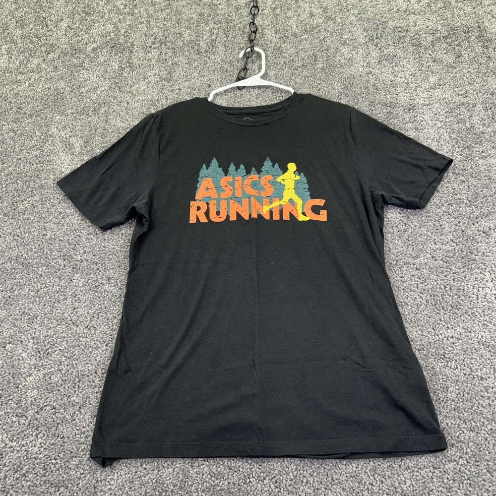 Asics Shirt Mens Medium Black Running Trail Forest Graphic Tee Tagless Sport